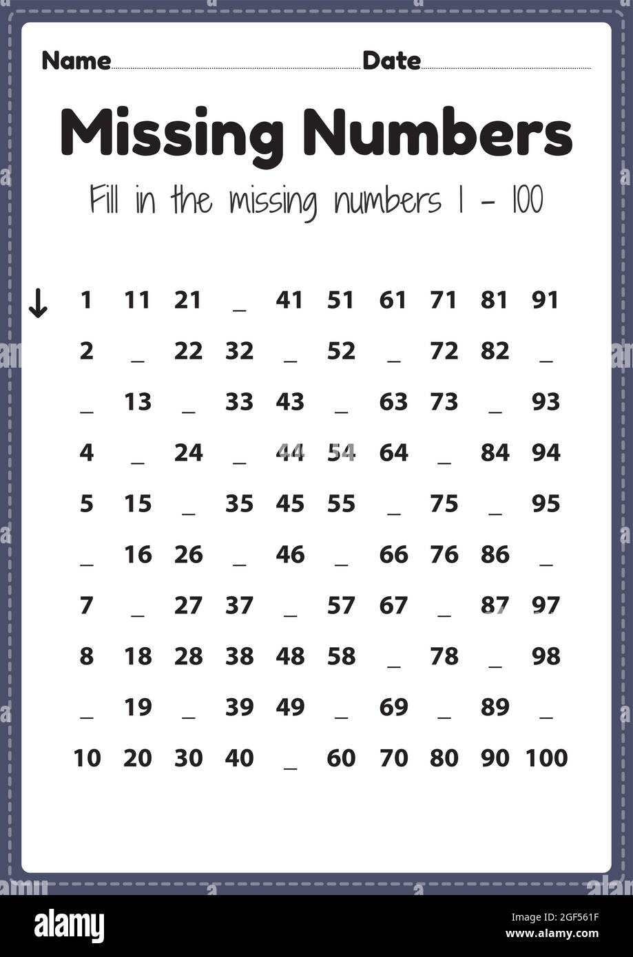 Kindergarten Math Worksheets Missing Numbers 1 To 100 Printable Sheet For Preschool Kids Activity To Learn Basic Mathematics Skills Stock Vector Image Art Alamy Kindergarten Math Worksheets Missing Numbers 1 To 100 Printable Sheet For Preschool Kids Activity To Learn Basic Mathematics Skills Stock Vector Image Art Alamy