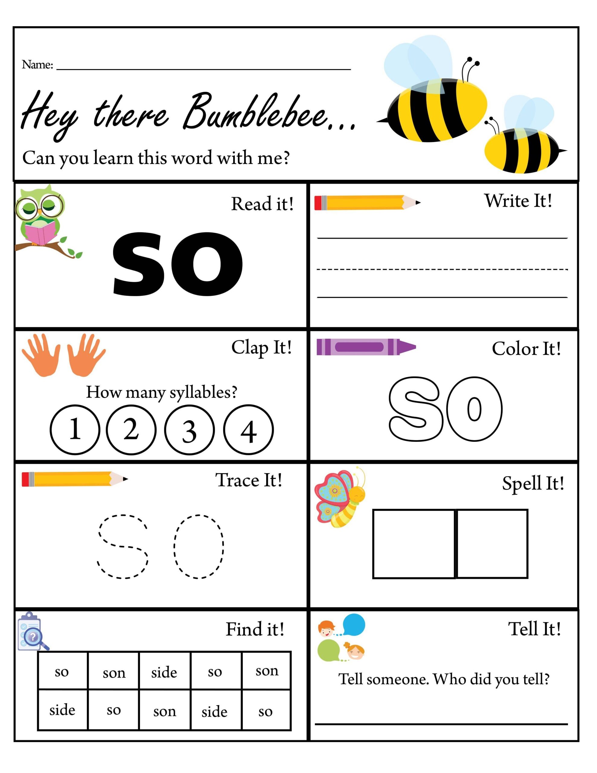 Kindergarten Sight Word So Worksheet Dolch Sight Words TPT