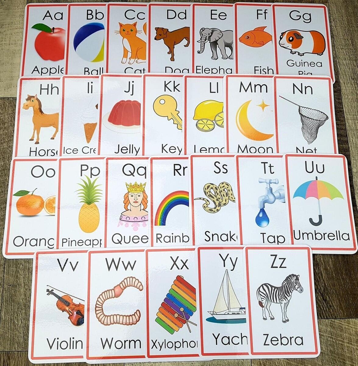 Large ALPHABET Flash Cards Letters Words Pic Childminder Teaching Resource EBay