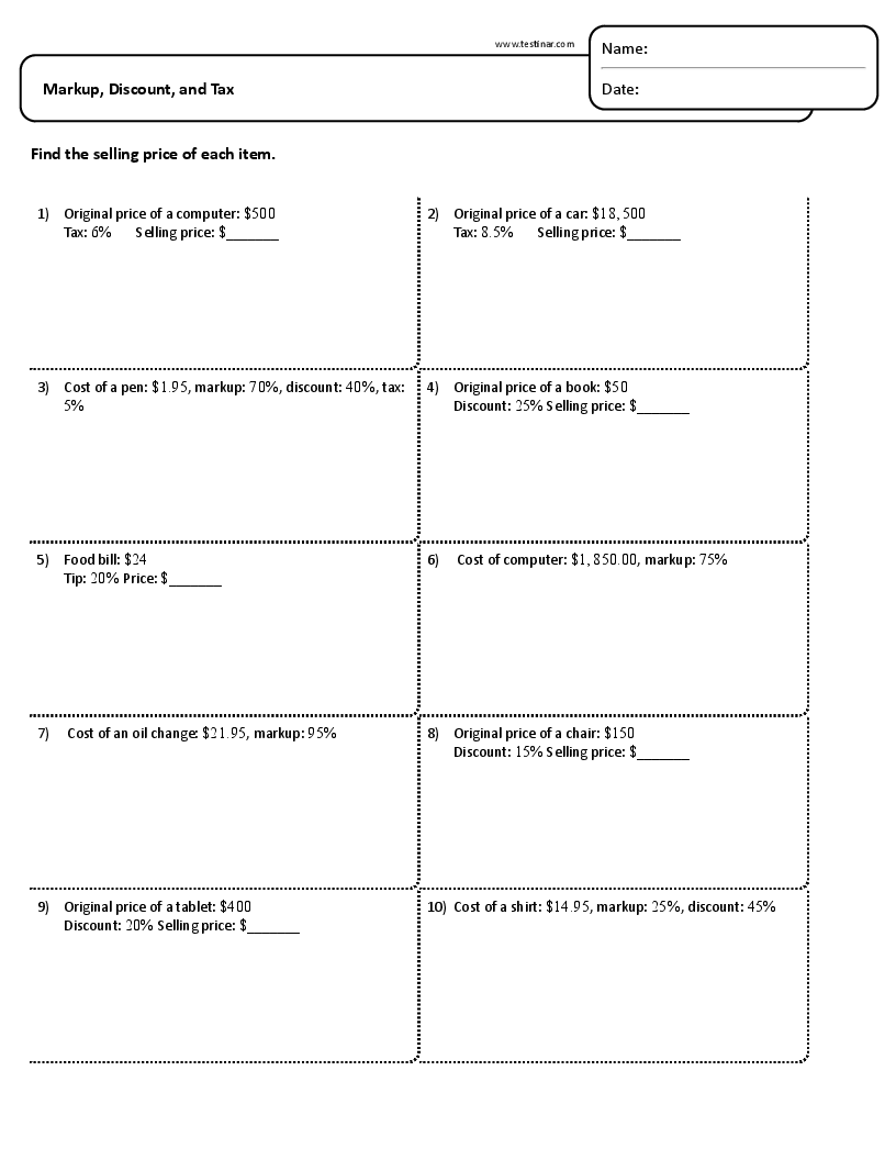 Markup Discount And Tax Worksheets Markup Discount And Tax Worksheets