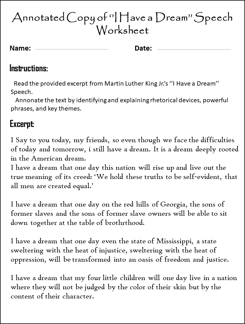 Martin Luther King Jr I Have A Dream Speech Analysis Annotated Worksheet With Answers Teaching Resources