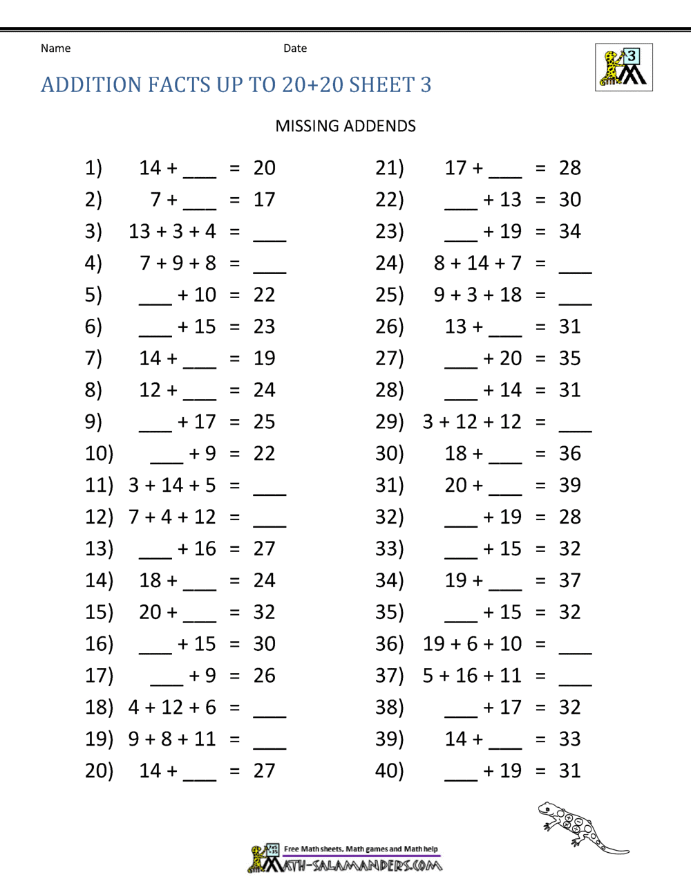 Math Addition Facts To 20