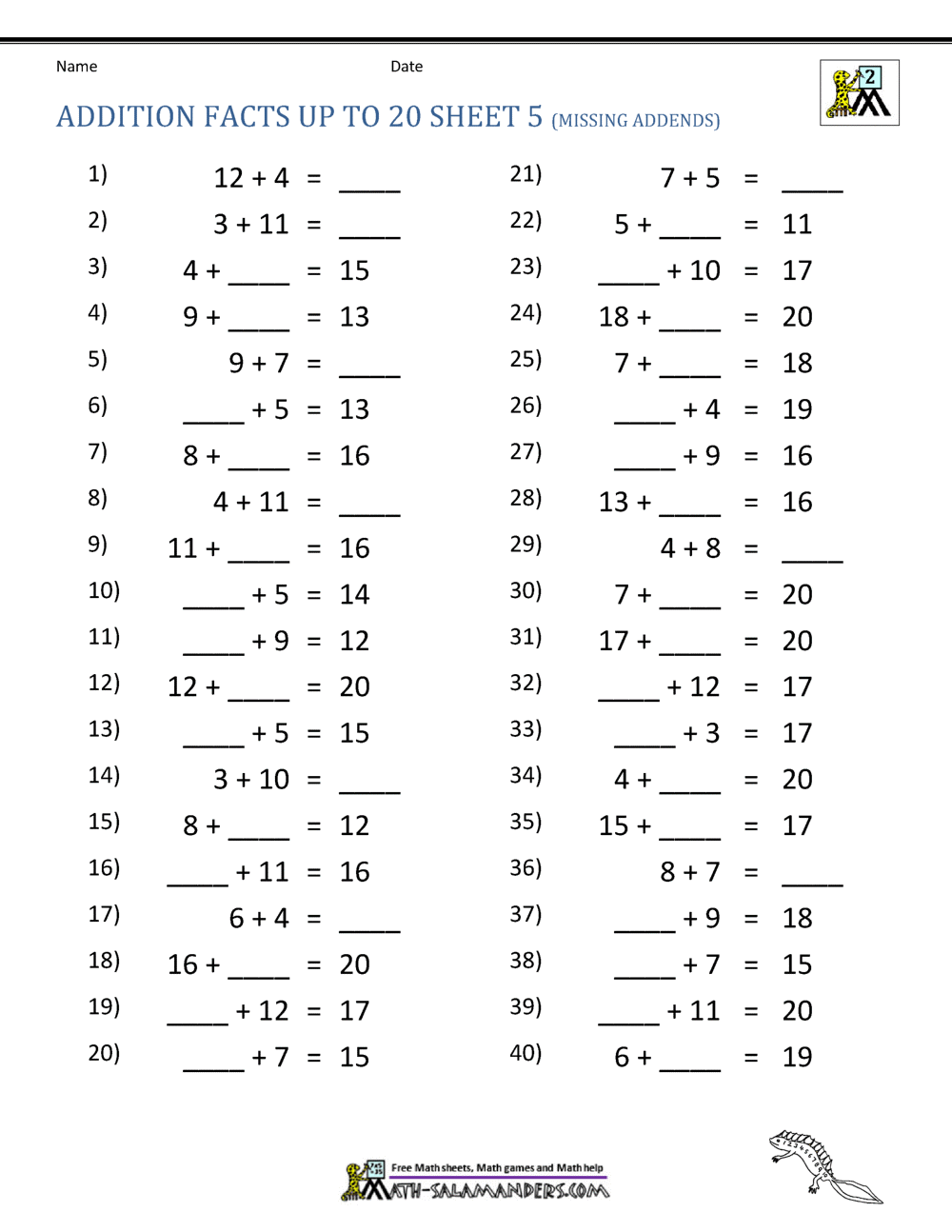 Math Addition Facts To 20 Math Addition Facts To 20