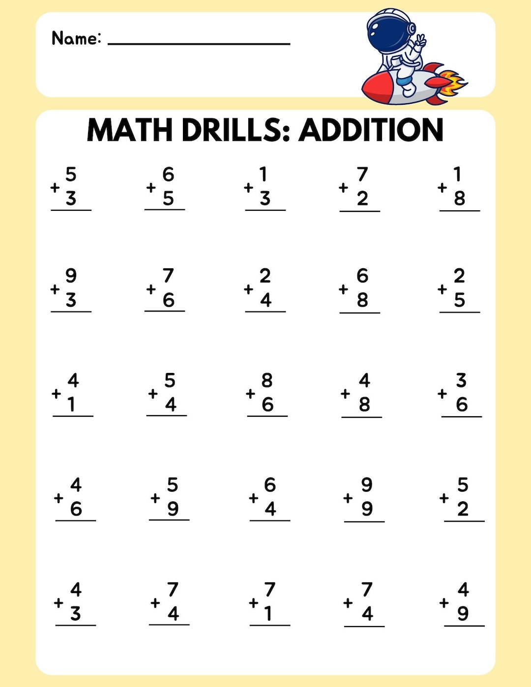 Math Drill Addition Worksheet 2 Etsy Finland