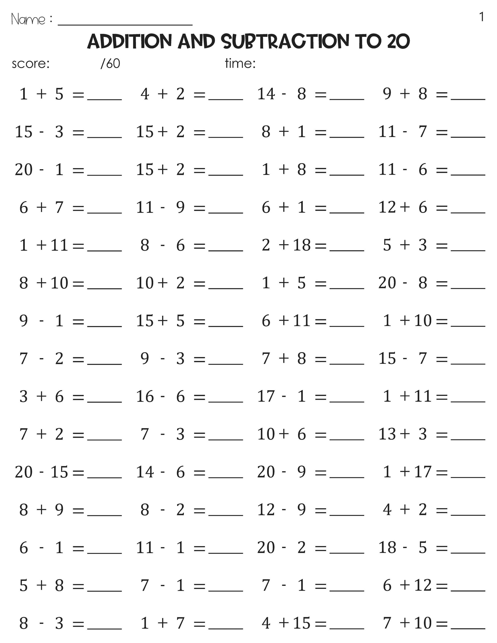 Math Fact Fluency Addition And Subtraction To 20 Timed Tests Practice Etsy Israel