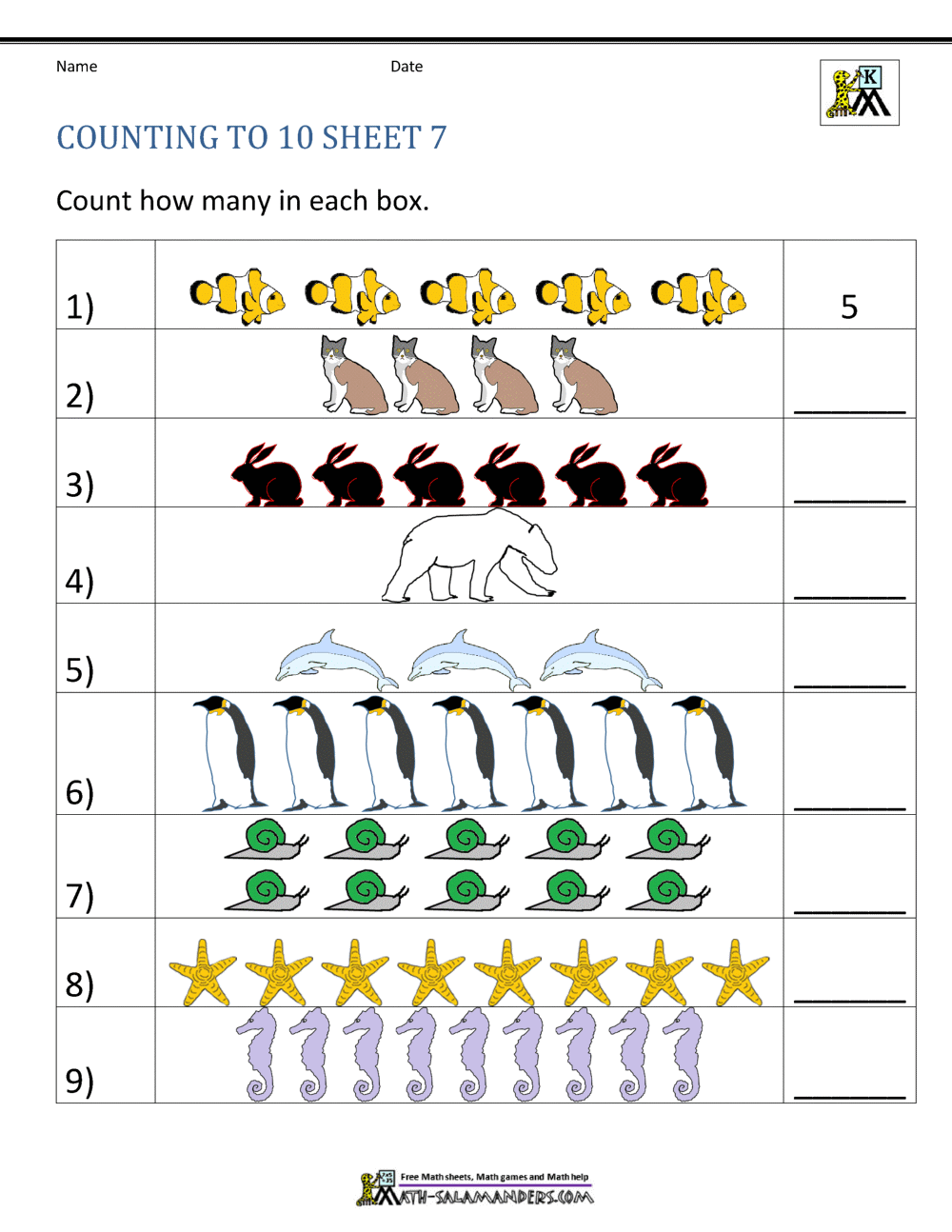 Math Salamanders Free Kindergarten Counting To 10 Worksheets
