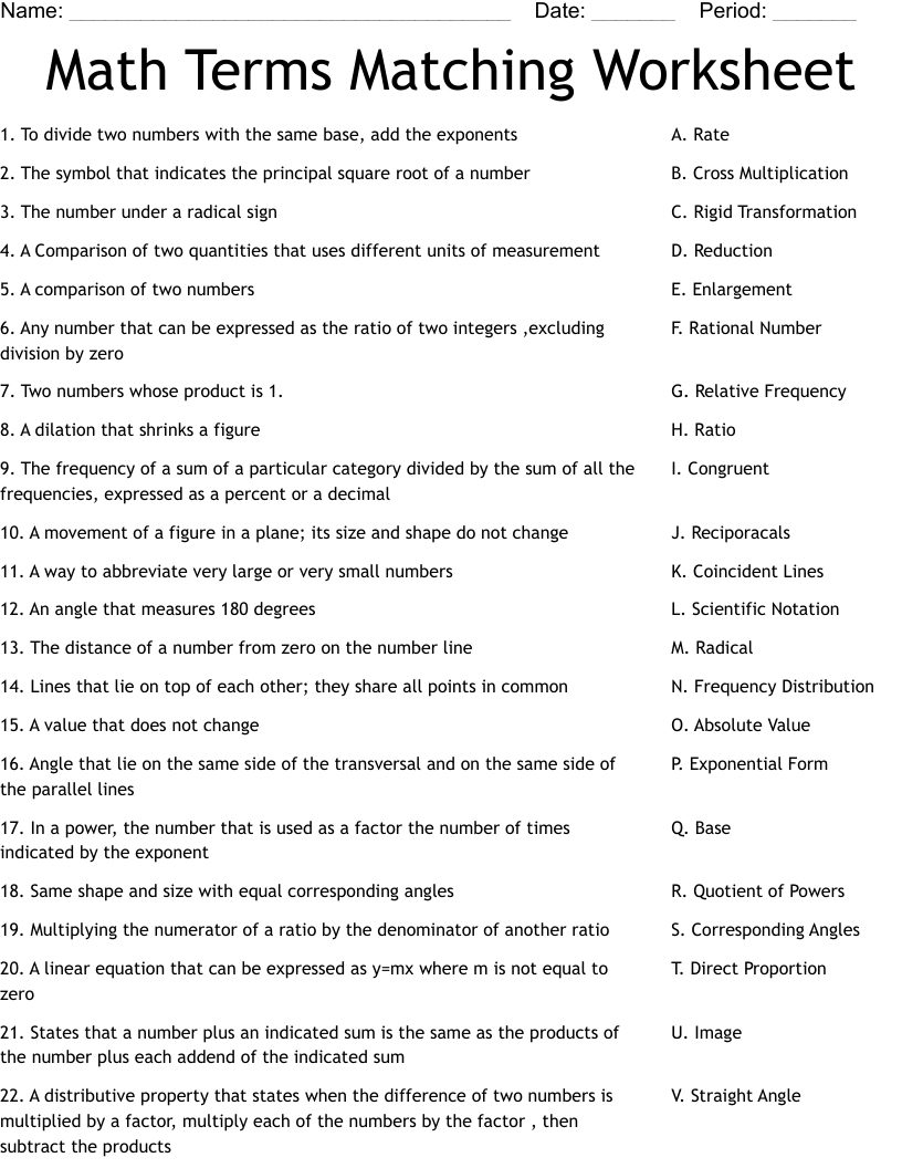 Math Terms Matching Worksheet WordMint