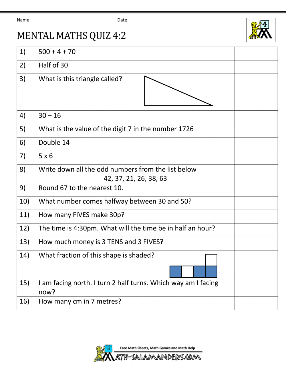 Mental Maths Test Year 4 Worksheets