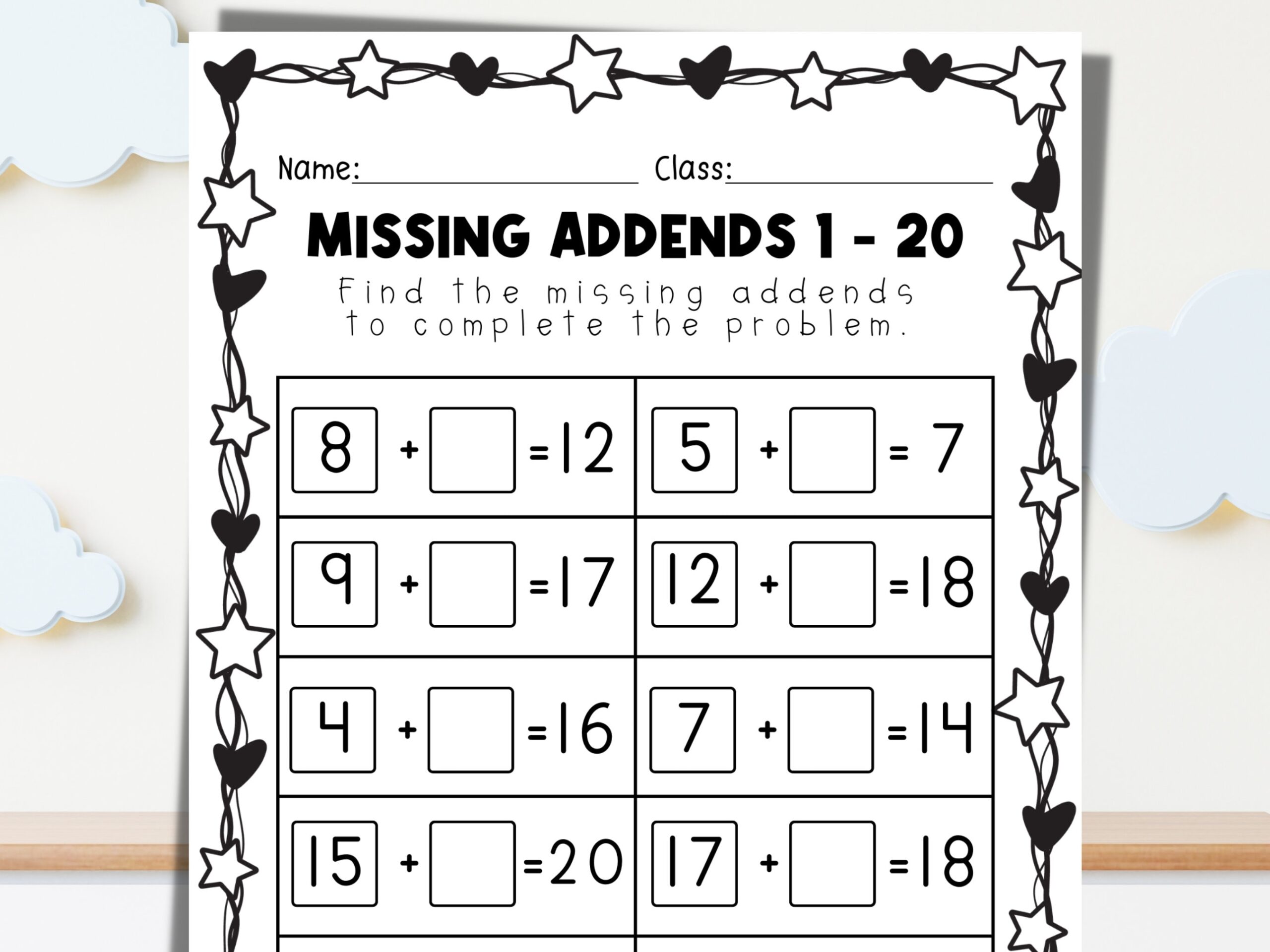 Missing Addends 1 20 Worksheet Math Practice digital Download Etsy