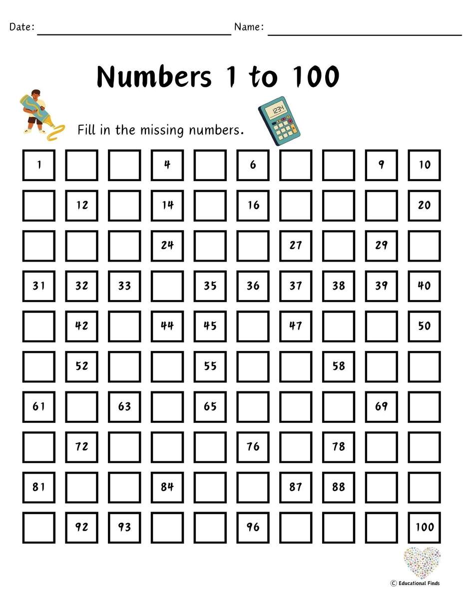 Missing Numbers 1 100 Chart Digital Printable Etsy