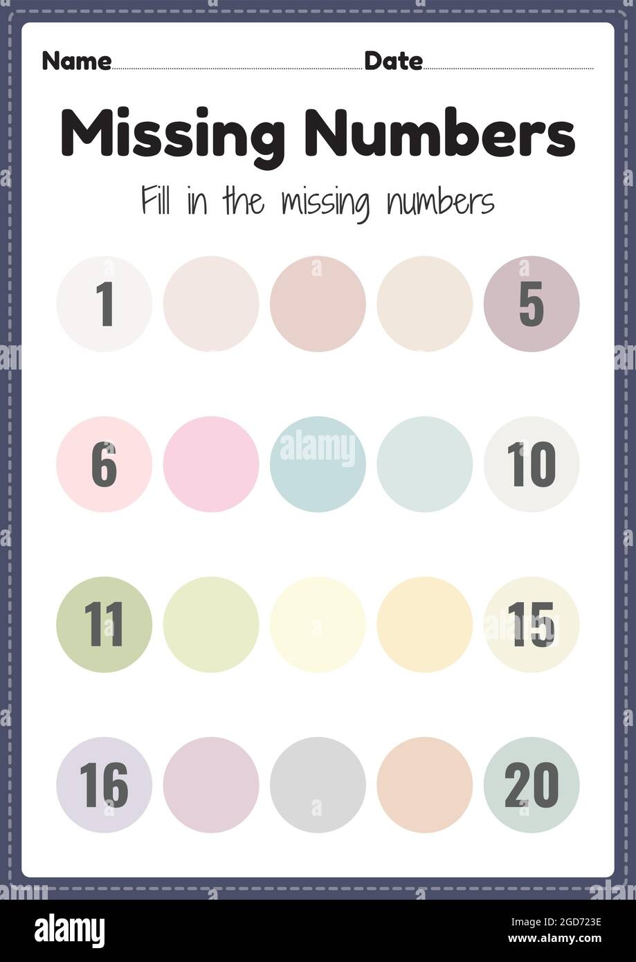 Missing Numbers Worksheet Math Printable Sheet For Preschool And Kindergarten Kids Activity To Learn Basic Mathematics Skills Stock Vector Image Art Alamy