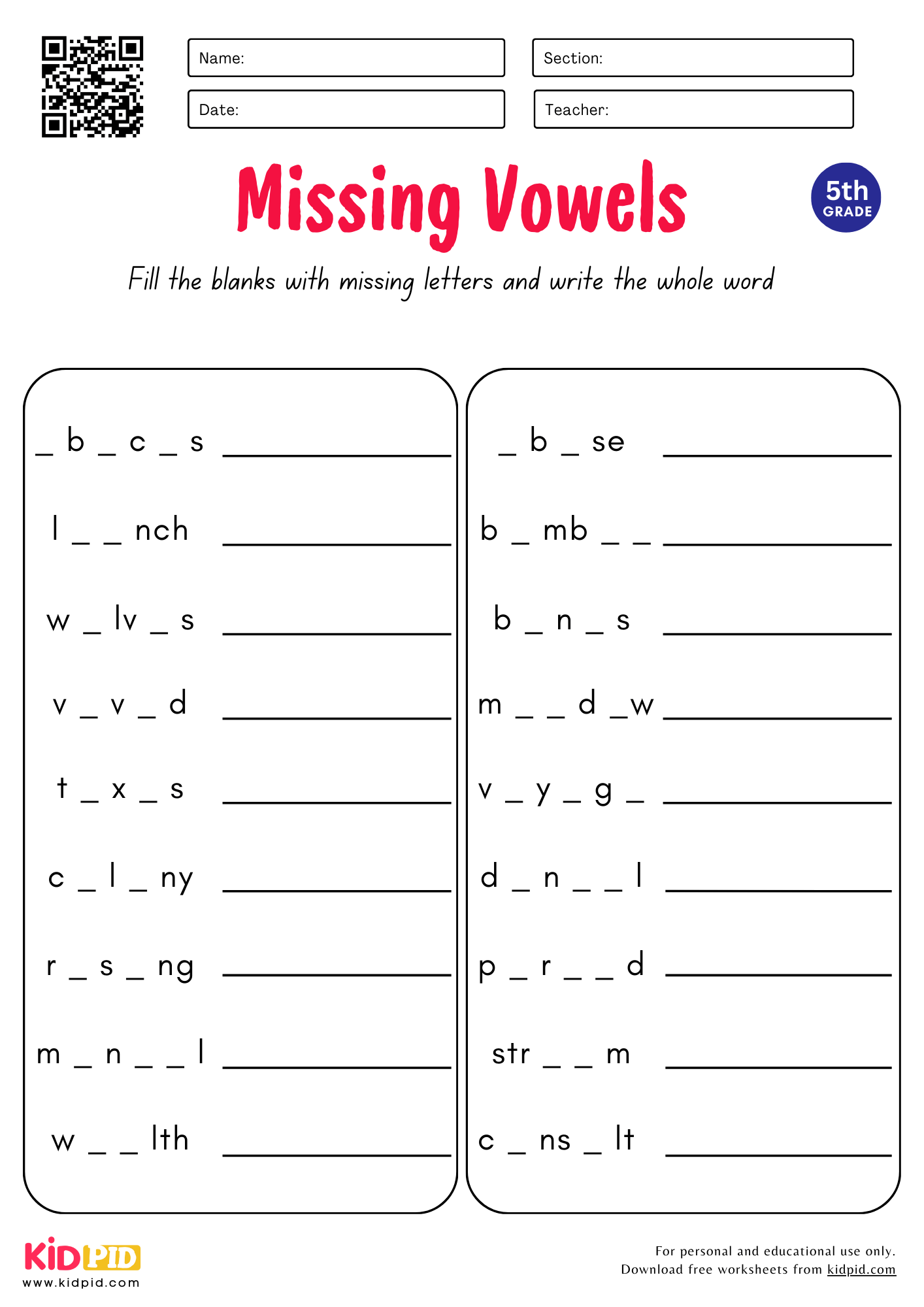Missing Vowels Worksheet For Grade 5 Kidpid