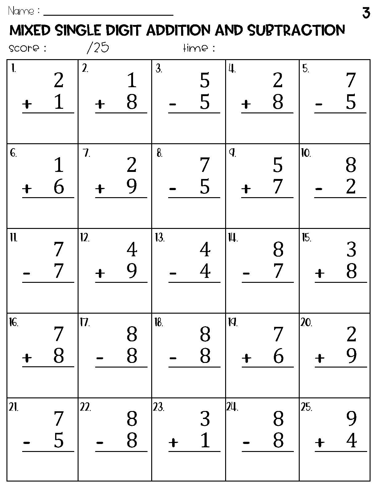 Mixed Single Digit Addition And Subtraction Worksheets Etsy Israel