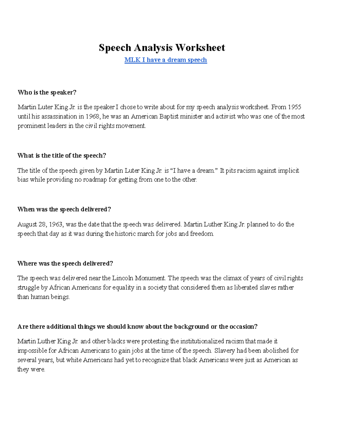 MLK 1963 Speech Persuasive Techniques Analysis Worksheet Studocu