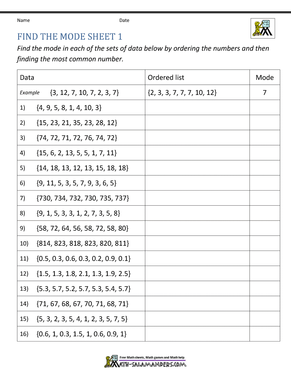 Median Worksheets