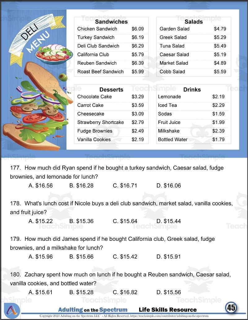Money Math Life Skills Worksheet Reading Restaurant Menus Level 1 By Teach Simple Money Math Life Skills Worksheet Reading Restaurant Menus Level 1 By Teach Simple