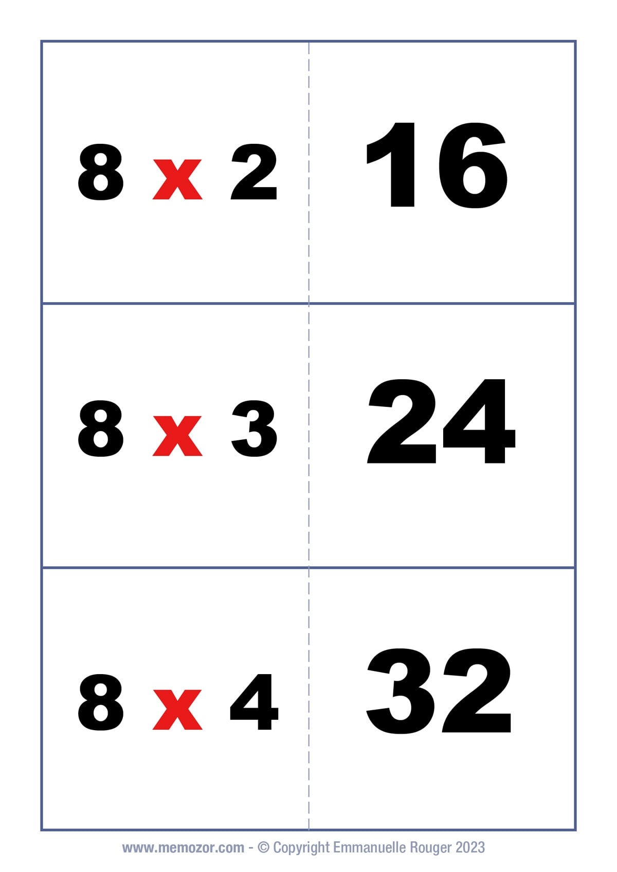 Multiplication Flash Cards 8 Times Table Free Memozor