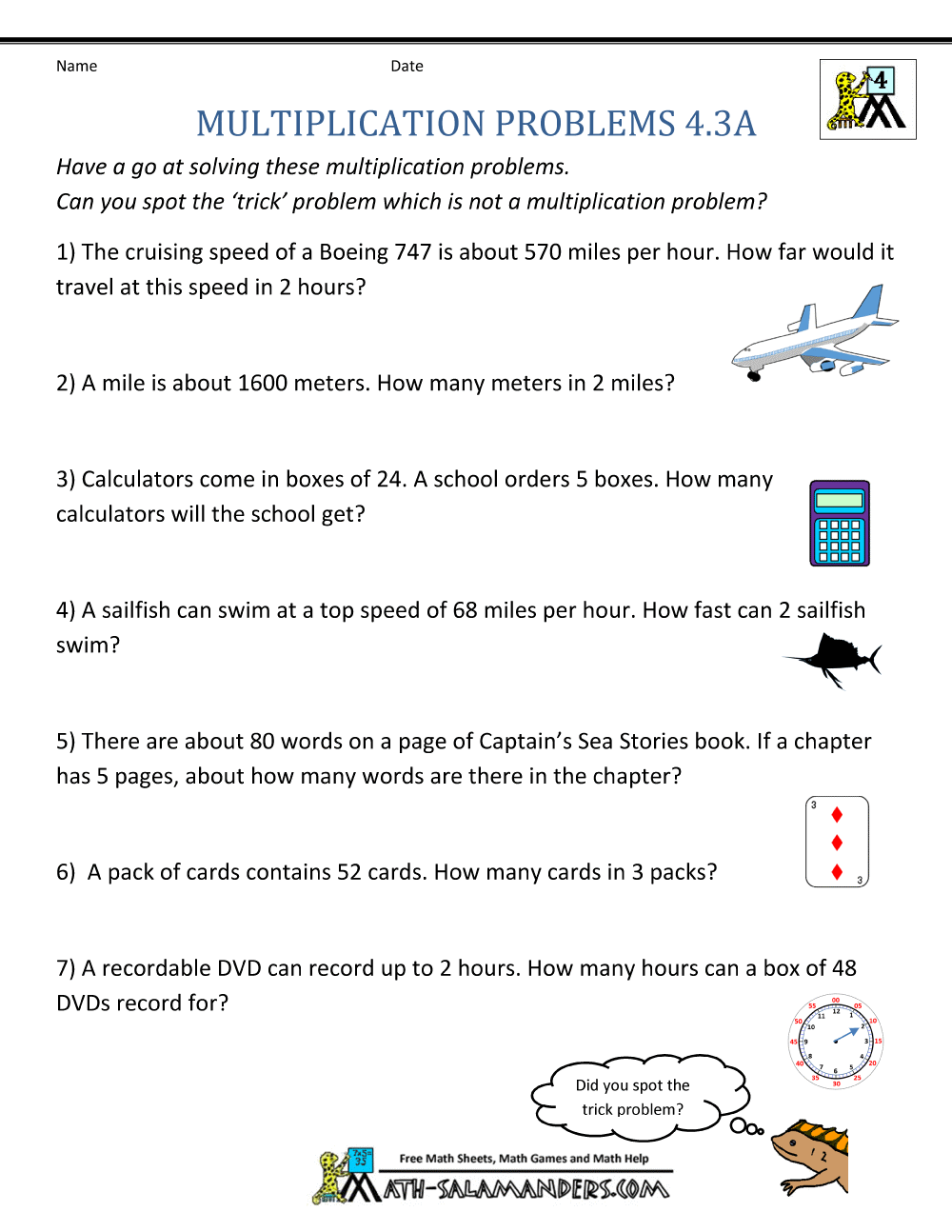 Multiplication Word Problems 4th Grade