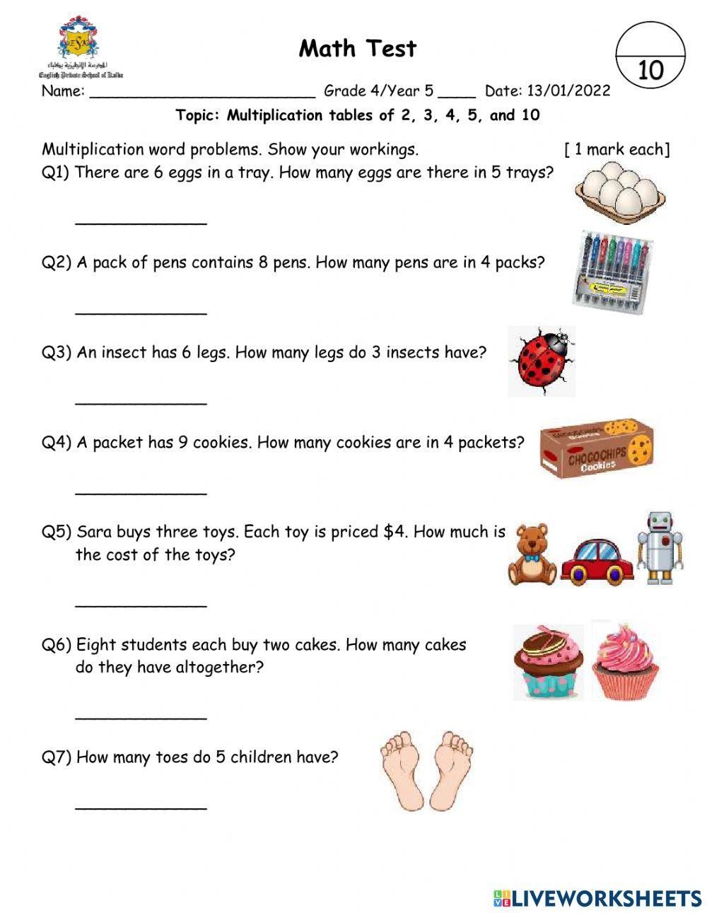 Multiplication Word Problems Test Worksheet Worksheets Library