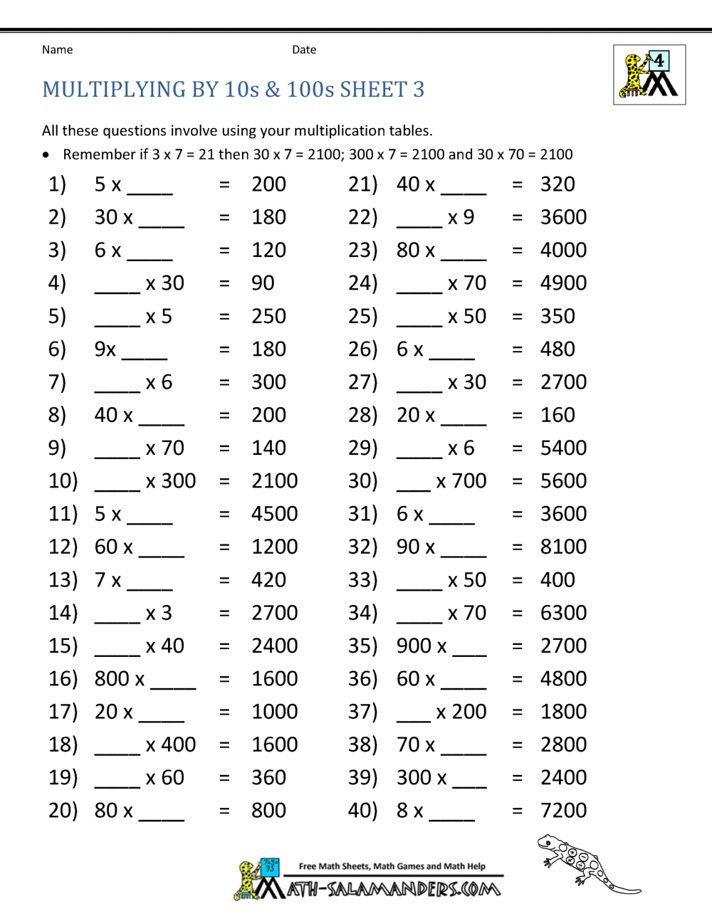 Multiplying By Multiples Of 10 Multiplying By Multiples Of 10
