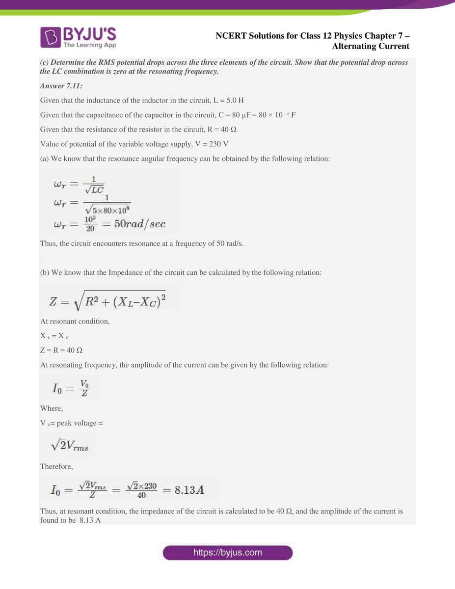 NCERT Solutions For Class 12 Physics Chapter 7 Alternating Current