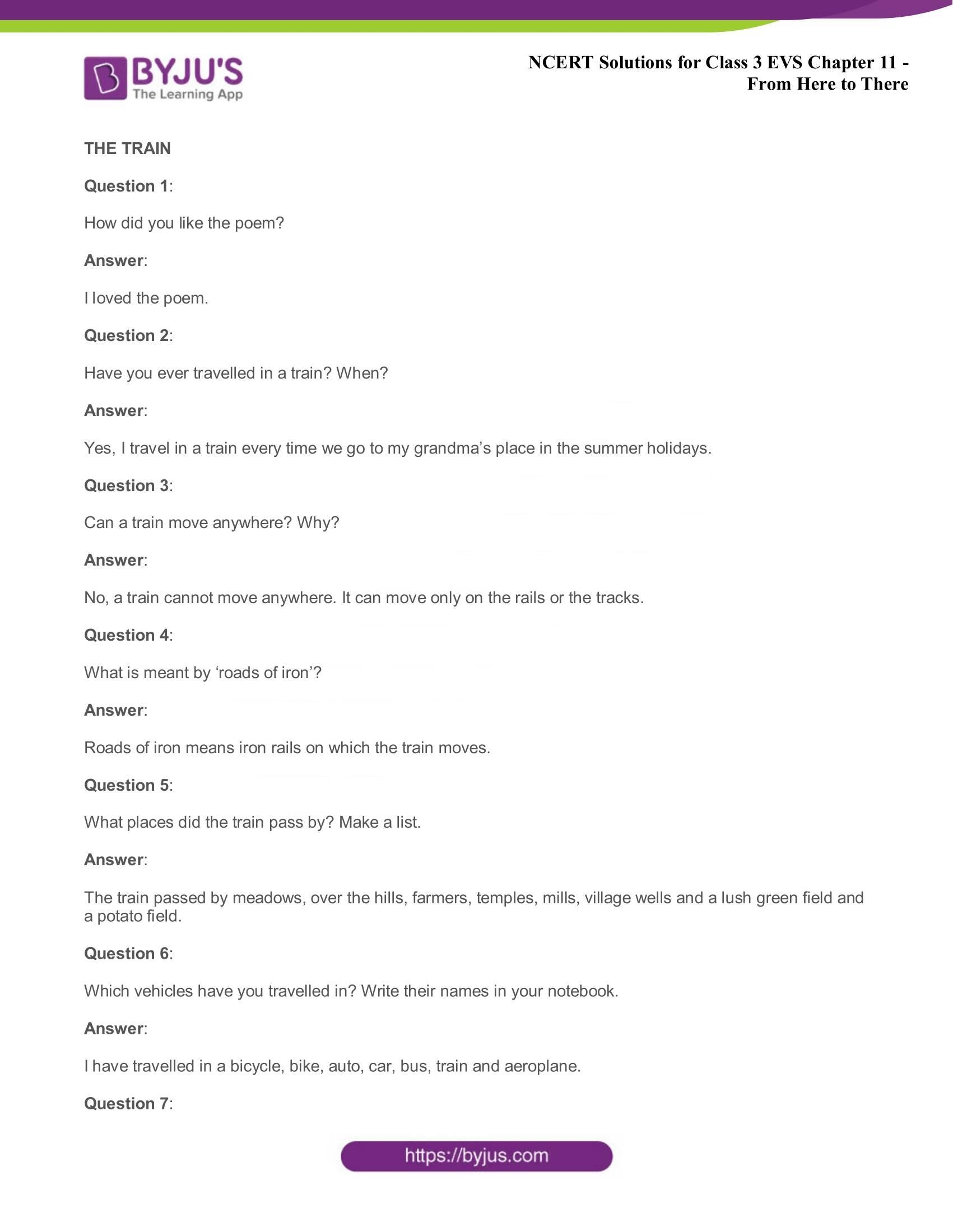 NCERT Solutions For Class 3 EVS Chapter 11 From Here To There