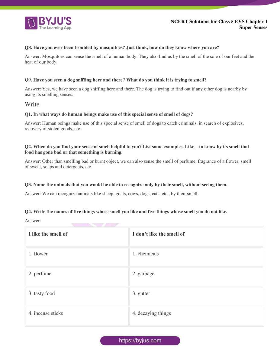 NCERT Solutions For Class 5 EVS Chapter 1 Super Senses Free Five Senses Of Summer Printable For Kids