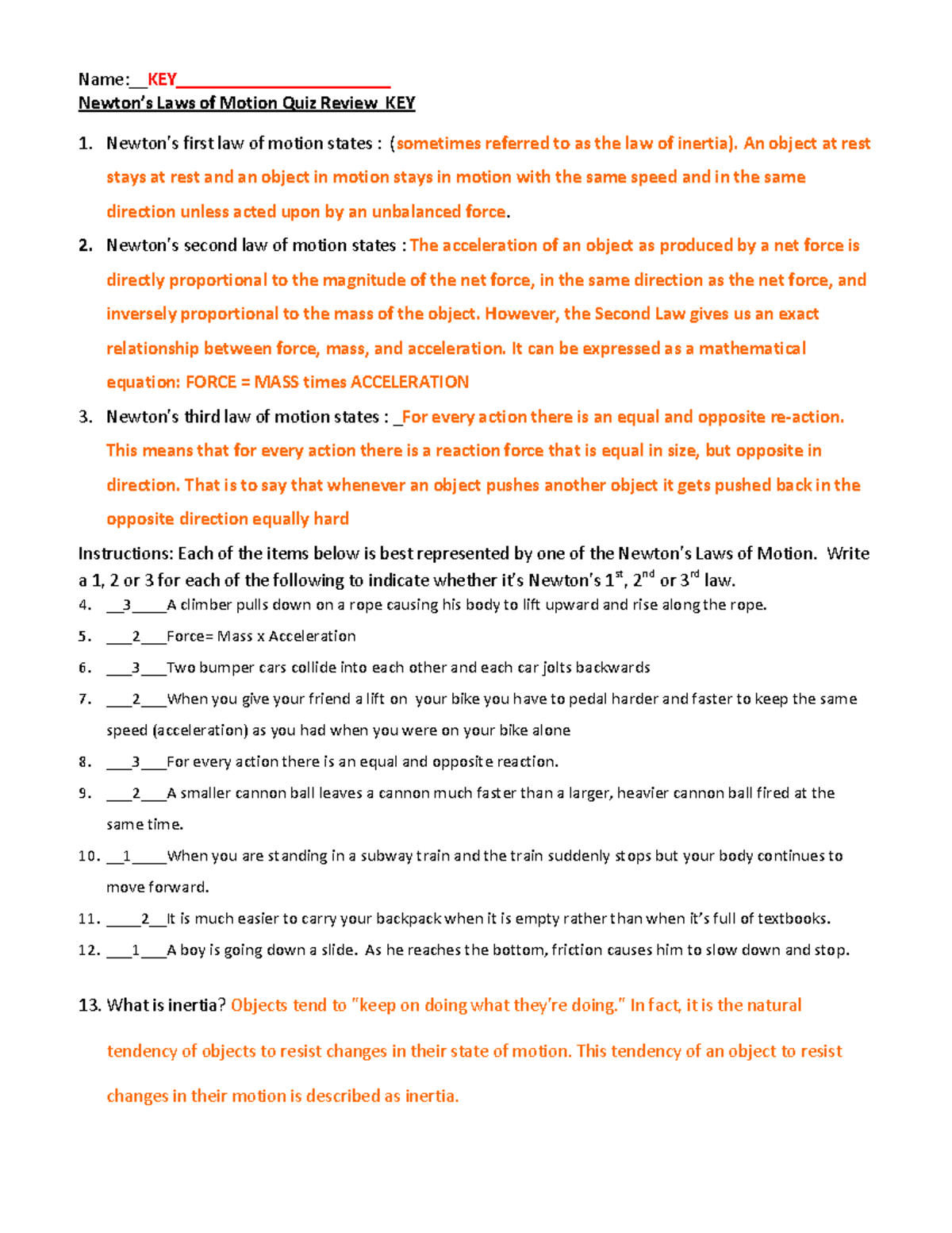 Newton S Laws Of Motion Quiz Review Key 2nd Attempt Studocu