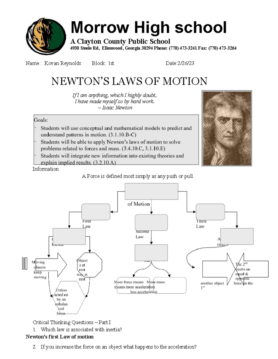 Newton S Laws Of Motion Worksheet 7 For Physics Class Studocu