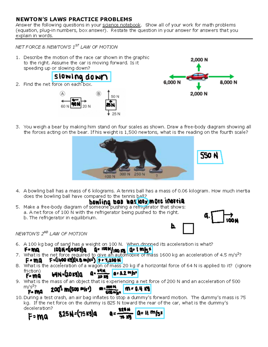 Newton S Laws Practice Problems Worksheet Honors Physics 101 Studocu
