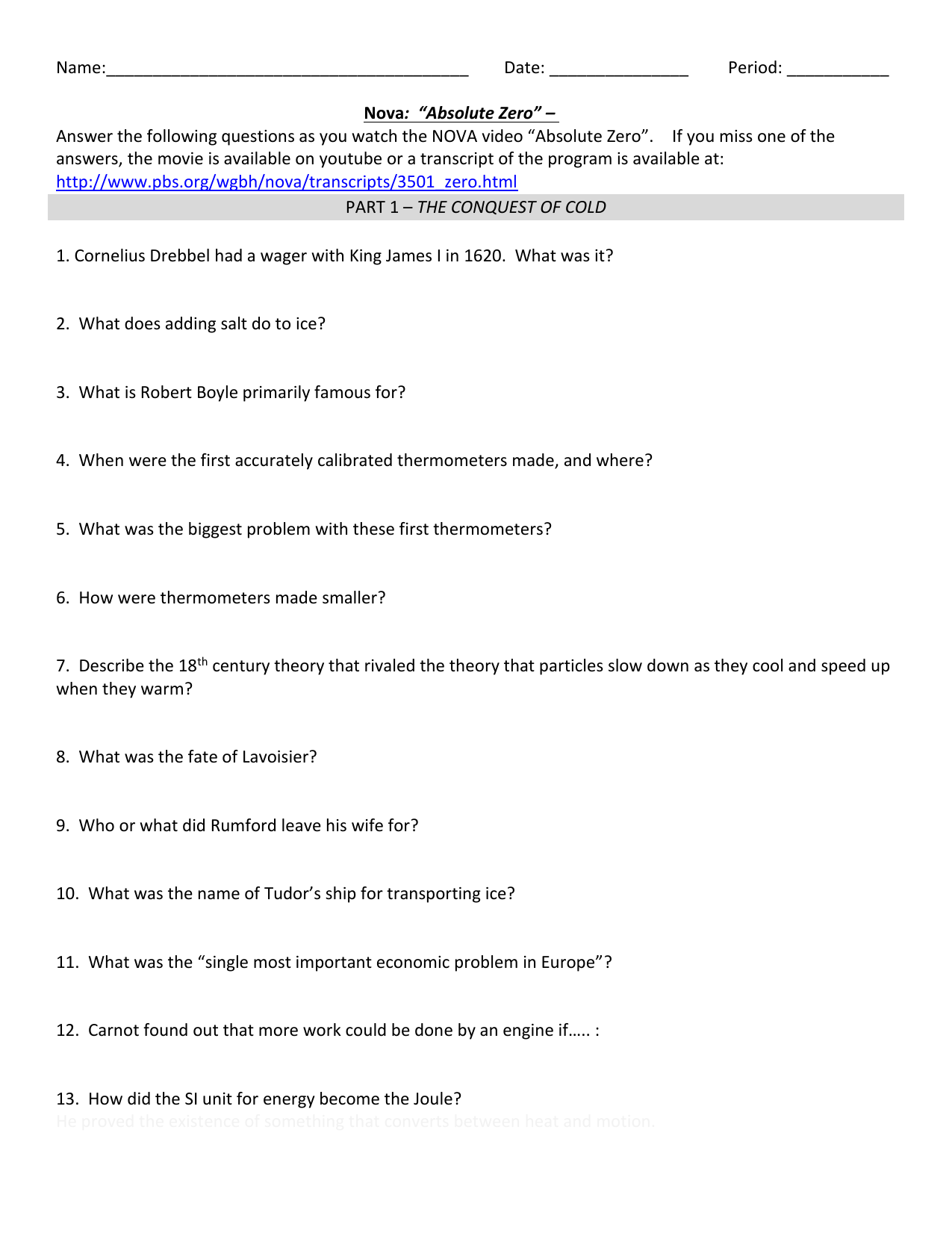 NOVA Absolute Zero Worksheet Physics Thermodynamics