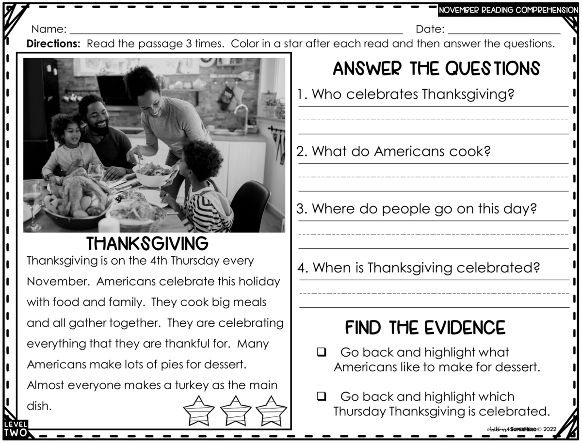 November Reading Comprehension Answering WH Questions 3 LEVELS REAL IMAGES Chalkboard Superhero