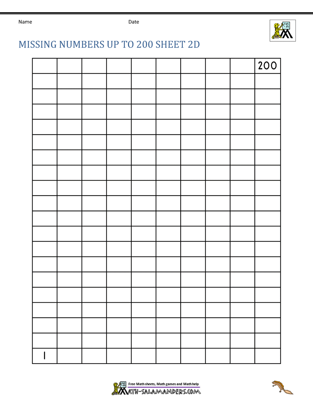 Number Grid Up To 200
