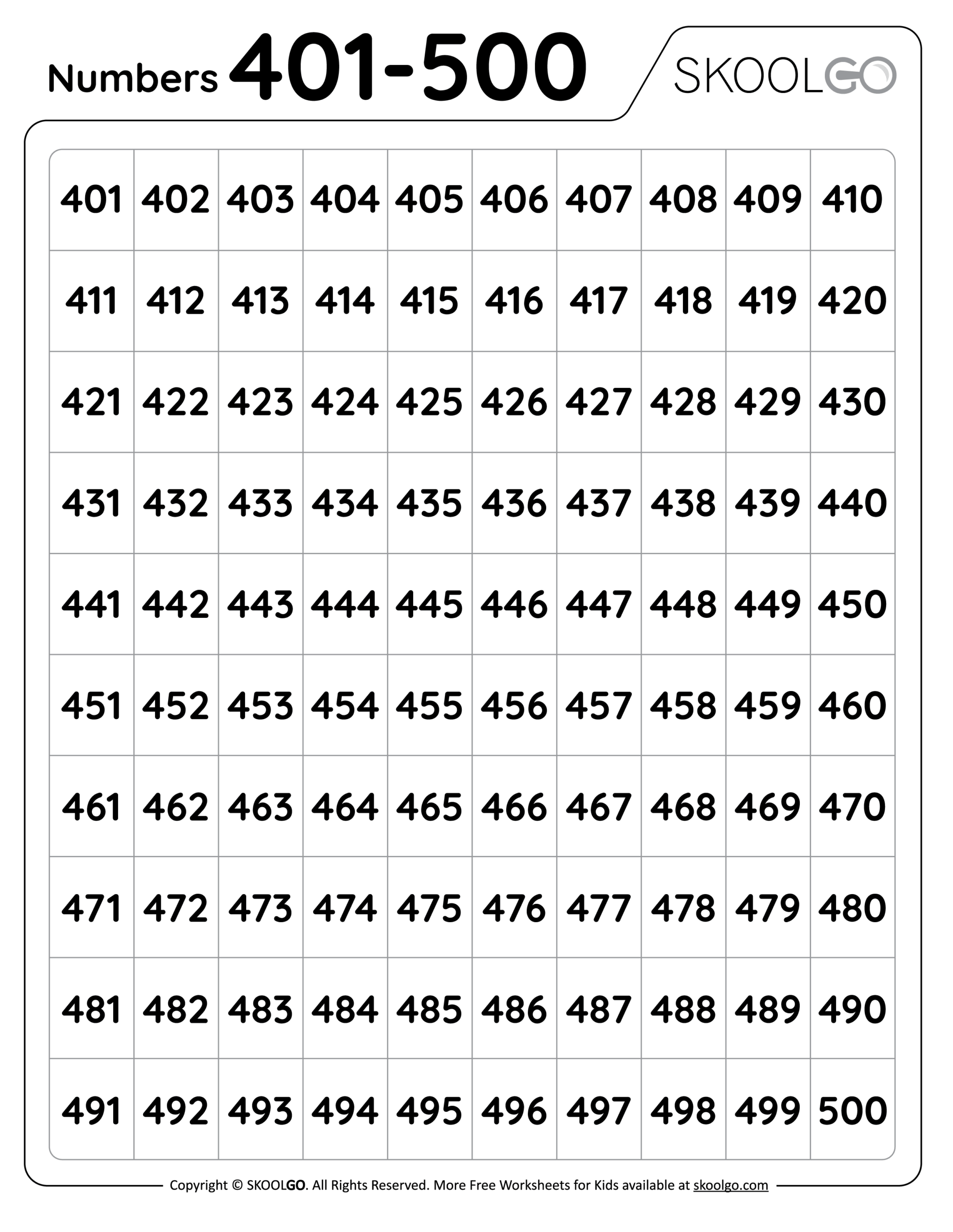 Numbers 401 To 500 Free Worksheet For Kids SKOOLGO Numbers 401 To 500 Free Worksheet For Kids SKOOLGO