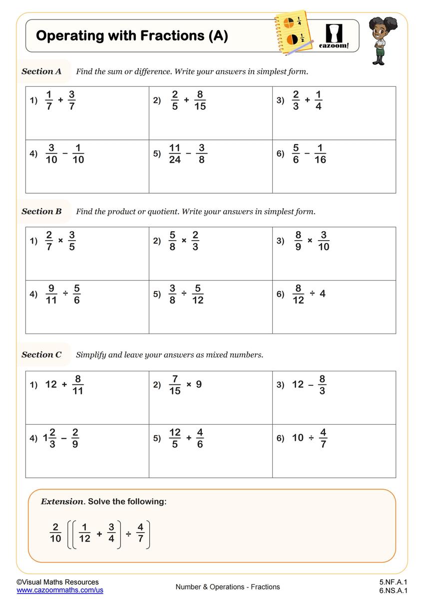 Operations With Fractions A Worksheet 5th Grade PDF Worksheets Cazoom Math