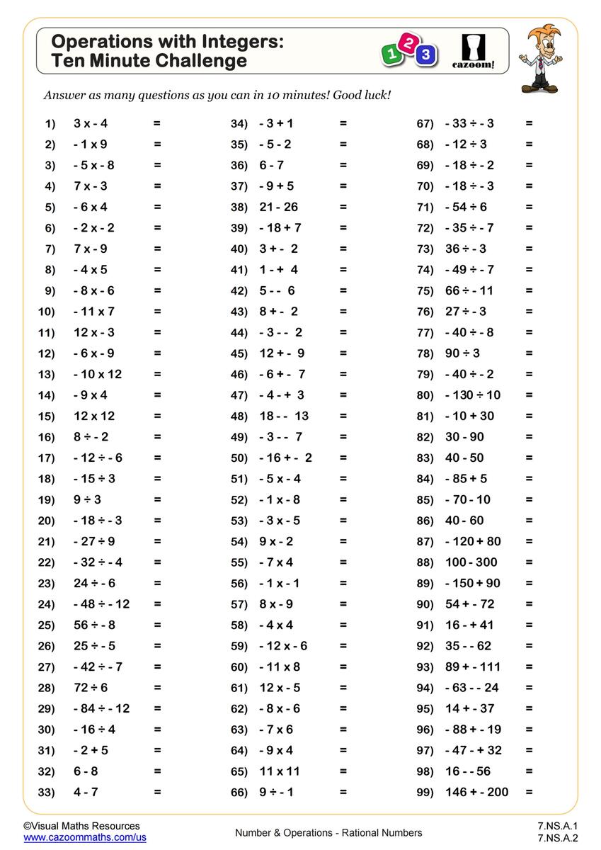 Operations With Integers Ten Minute Challenge Worksheet PDF Printable Number Operations Worksheet Cazoom Math Adding And Subtracting Integers Practice Worksheet 7th Grade PDF Worksheets Cazoom Math