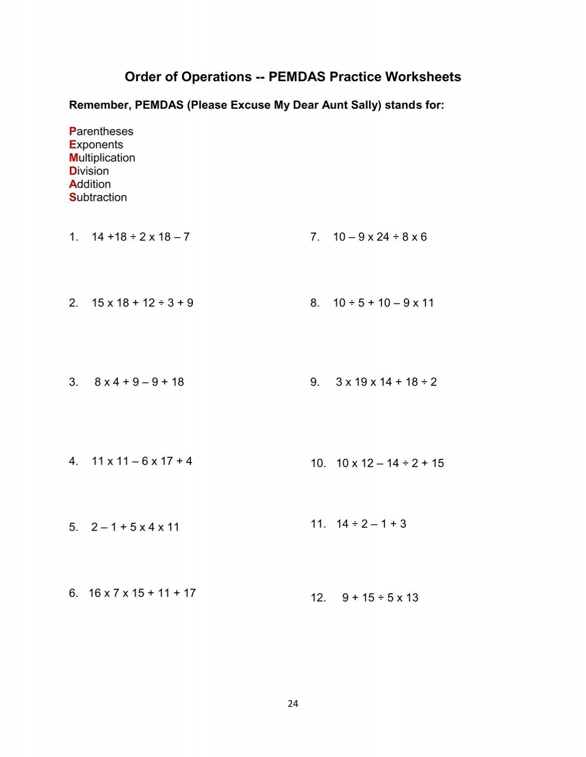 Order Of Operations PEMDAS Practice Worksheets