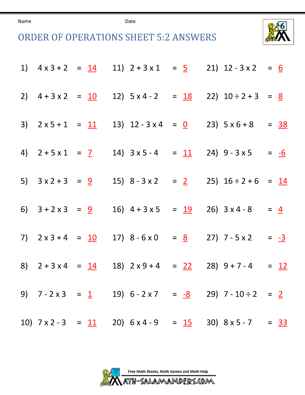 Order Of Operations Sheet 5 2 Answers PEMDAS Problems Order Of Operations Worksheets Basic With Nested Parentheses And Exponents Made By Teachers