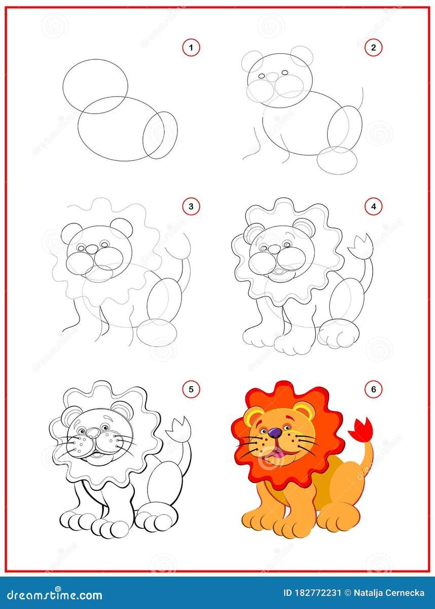 Page Shows How To Learn To Draw Step By Step Cute Little Toy Lion Developing Children Skills For Drawing And Coloring Stock Vector Illustration Of Little Draw 182772231