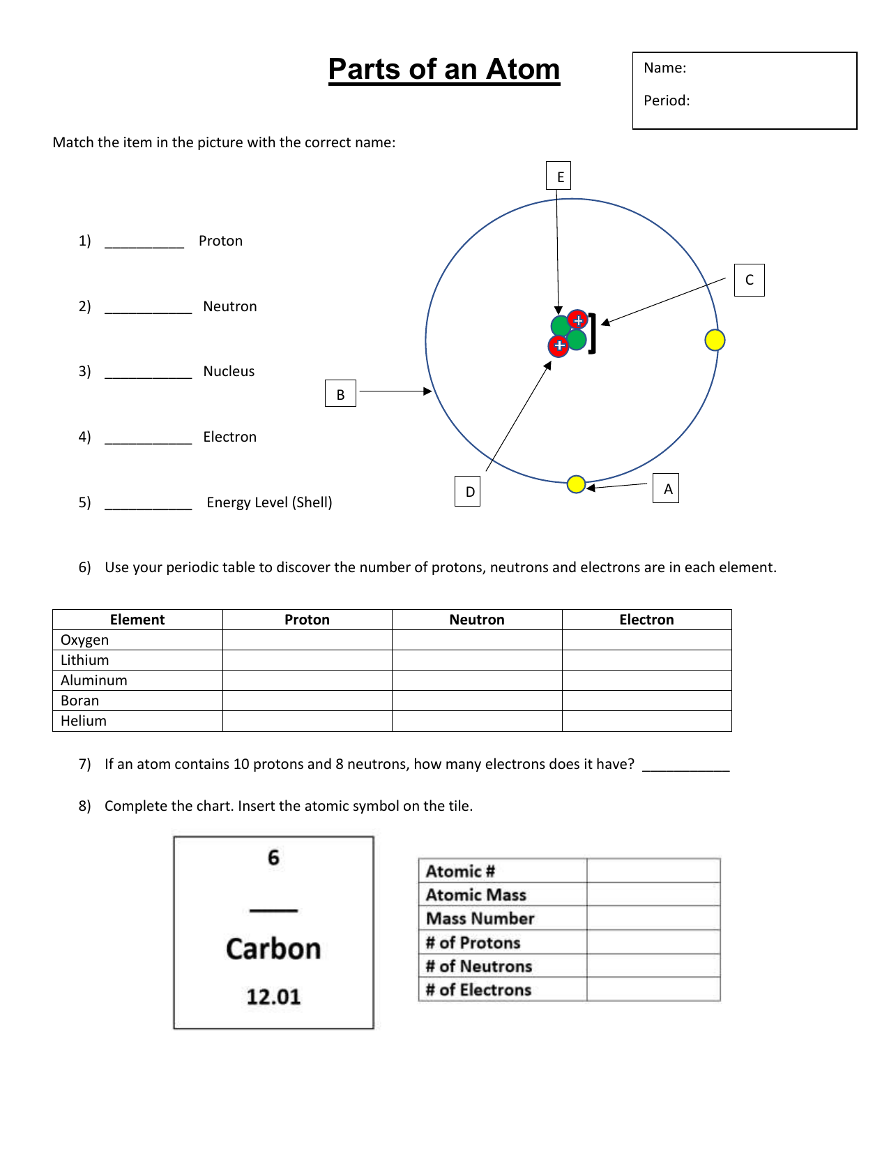 Parts Of An Atom Worksheet Structure Elements