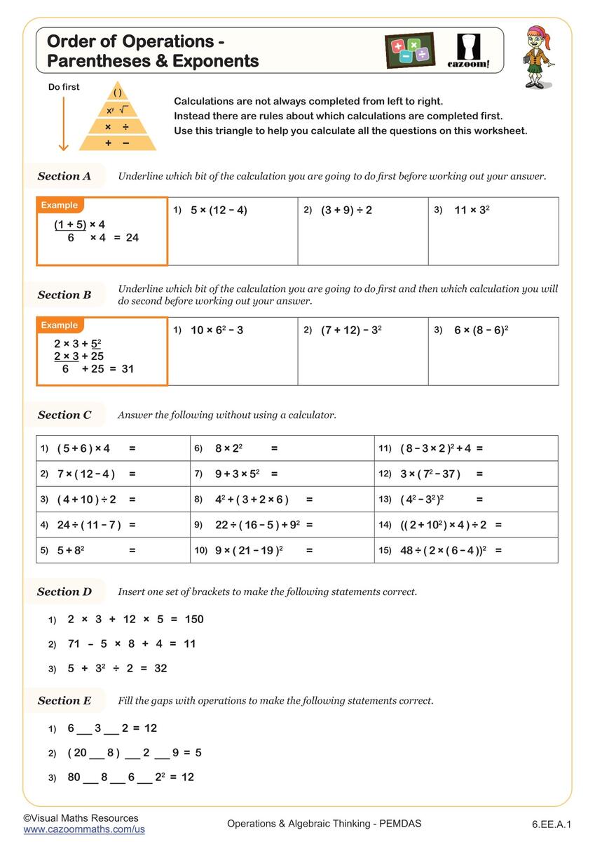 PEDMAS Math Worksheets Common Core Worksheets Cazoom Math