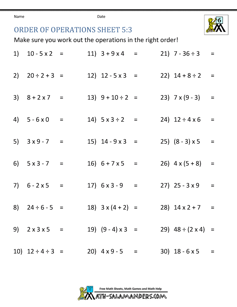 PEMDAS Problems Worksheets 5th Grade PEMDAS Problems Order Of Operations Worksheets Basic With Parentheses Made By Teachers