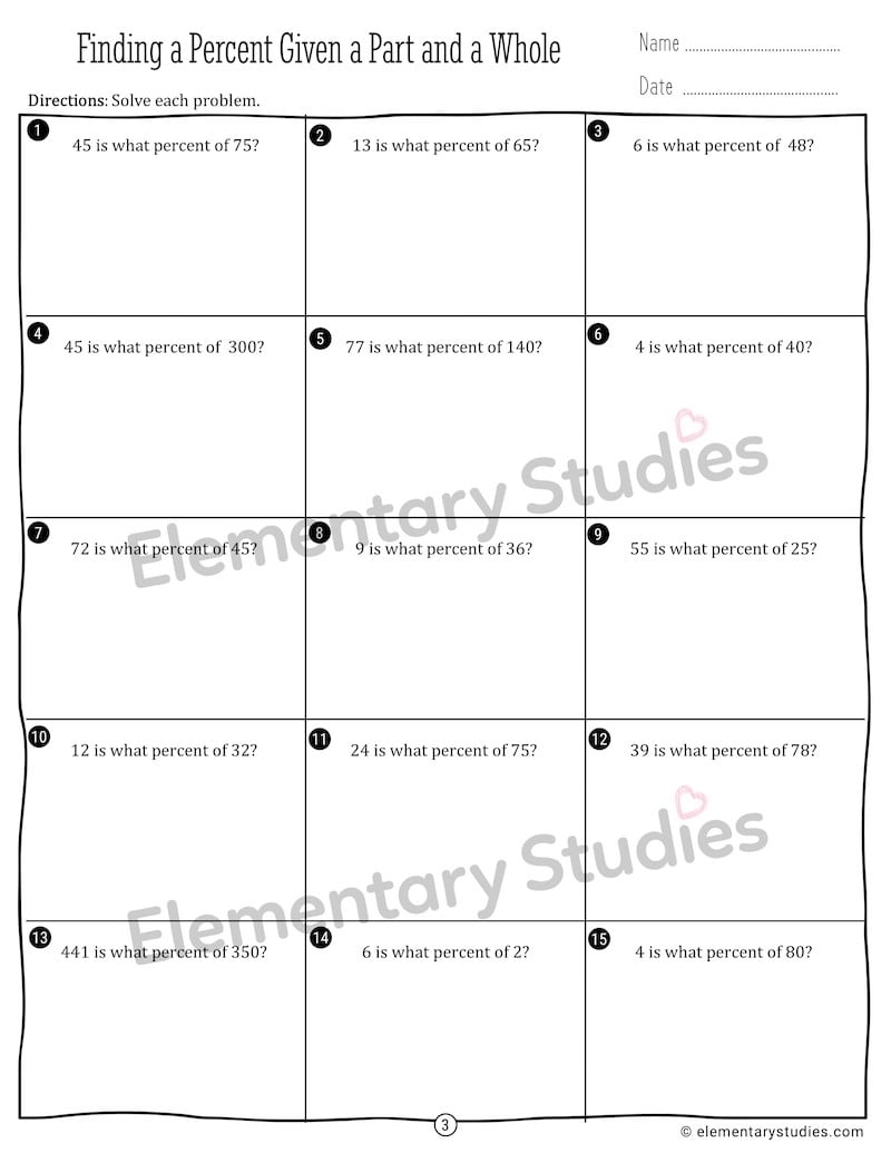 Percent Of A Number Worksheets Part Whole Percent Elementary Studies