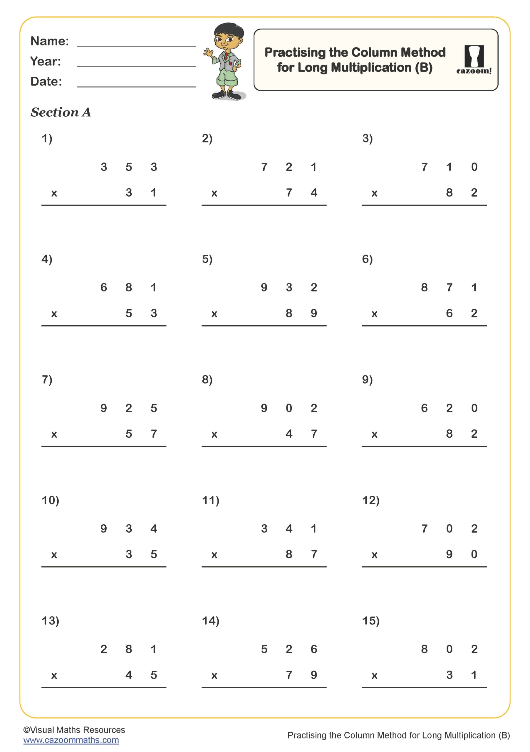 Practising The Column Method For Long Multiplication B Worksheet PDF Printable Number Worksheets
