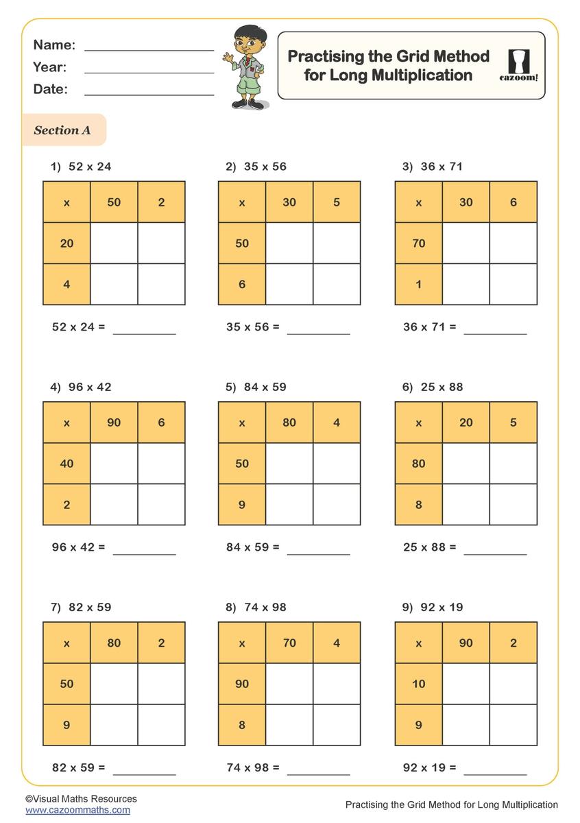 Practising The Grid Method For Long Multiplication Worksheet Fun And Engaging Year 6 PDF Worksheets