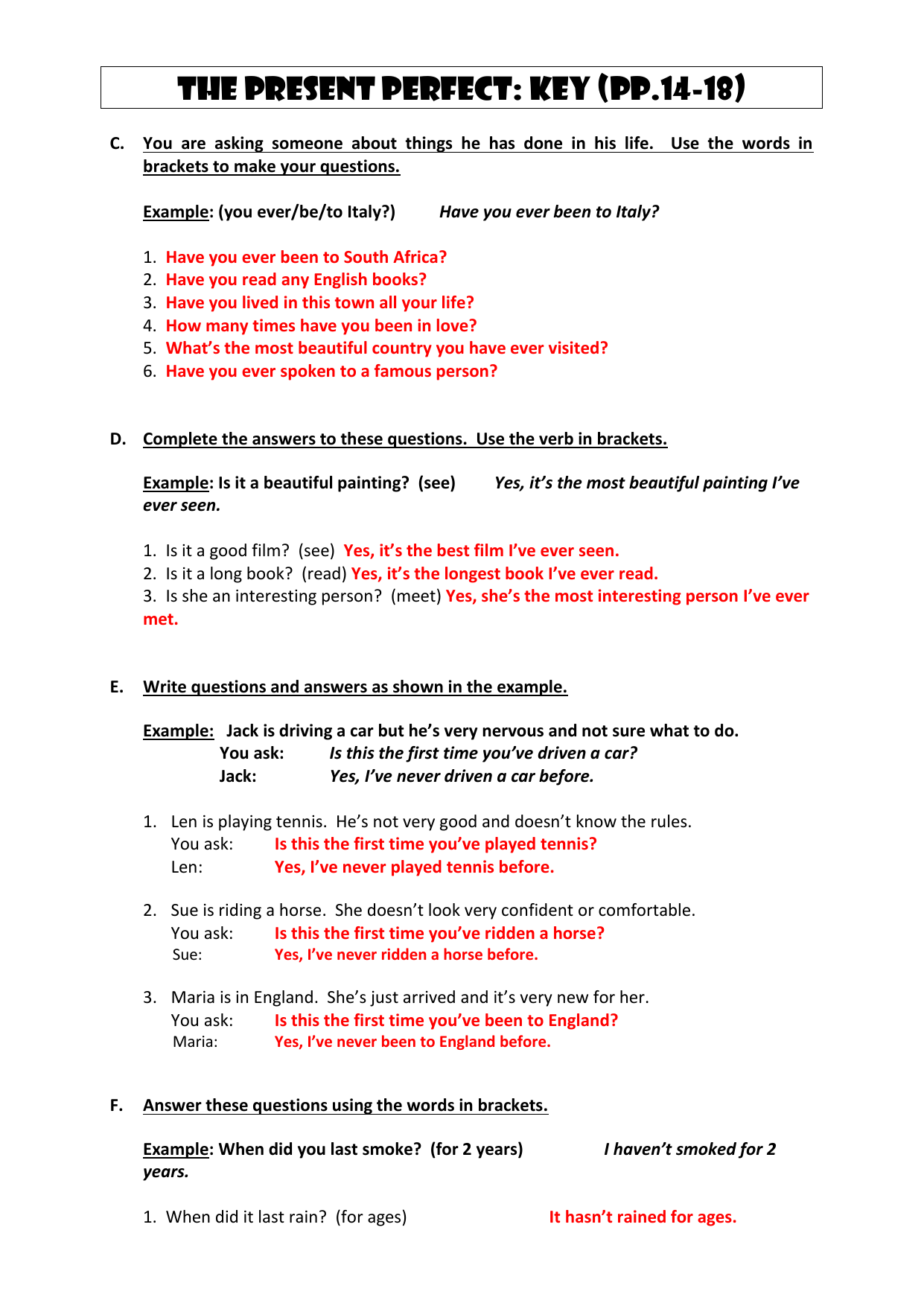 Present Perfect Tense Worksheet Key