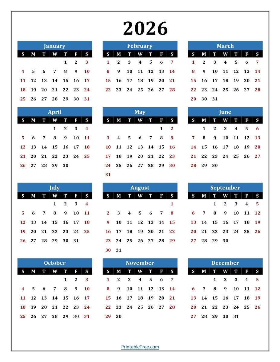 Printable Calendar 2026 One Page With Holidays Single Page 2026 Yearly Blank PDF Templates