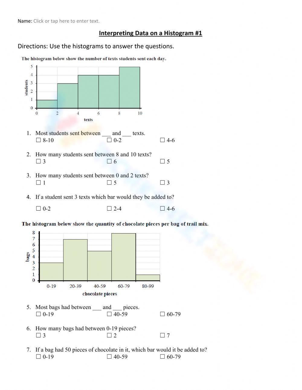 Histogram Worksheets