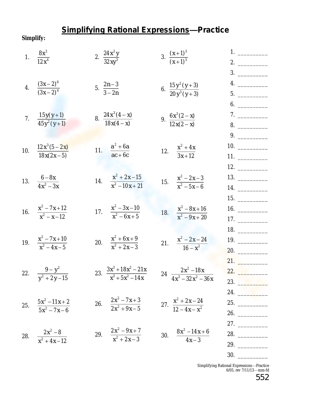 Printable Simplifying Rational Expressions Worksheets