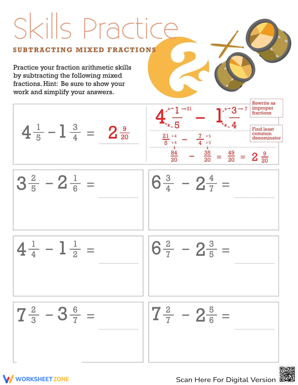 Printable Subtracting Mixed Numbers Worksheets
